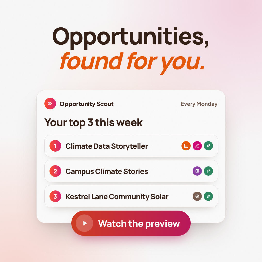 Opportunity Scout preview: a weekly shortlist of three fitting opportunities, found for you.