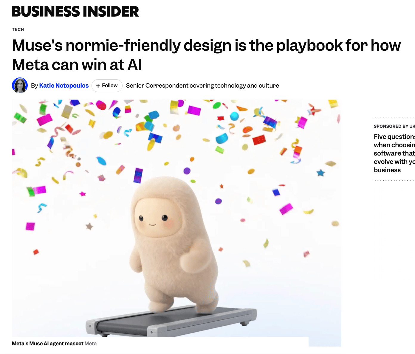 Business Insider article showing Meta's friendly Muse AI agent mascot
