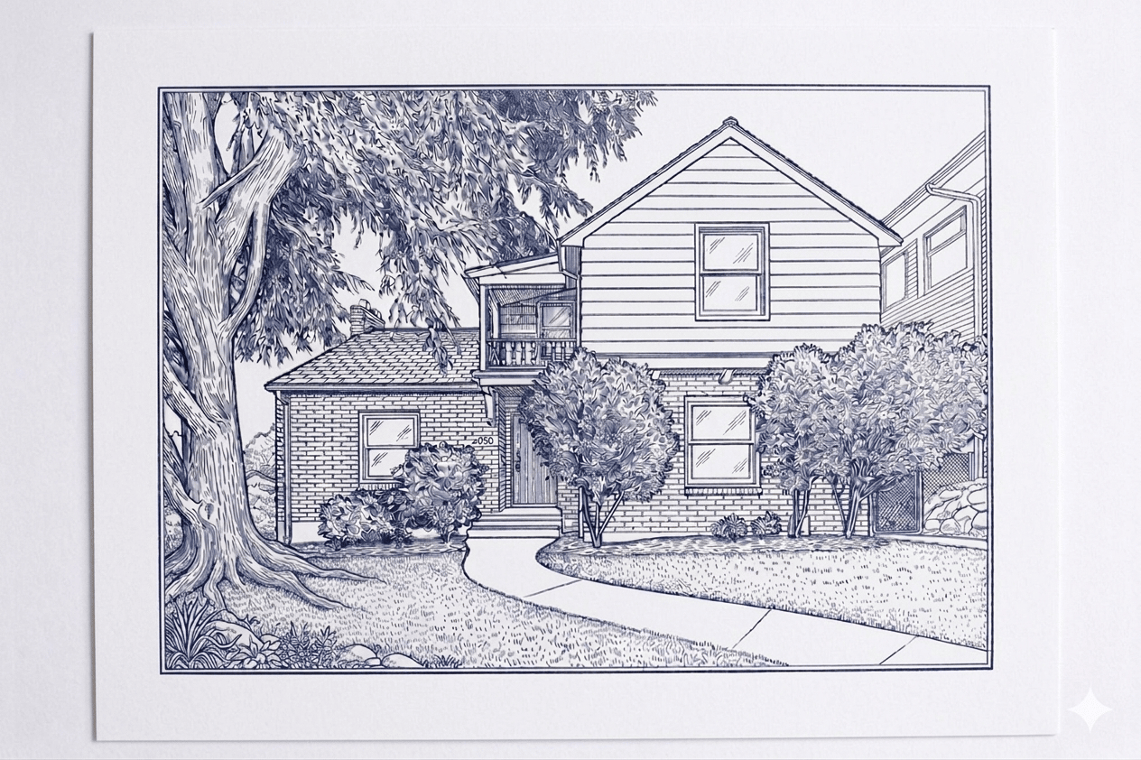 Architectural sketch style rendering of a house
