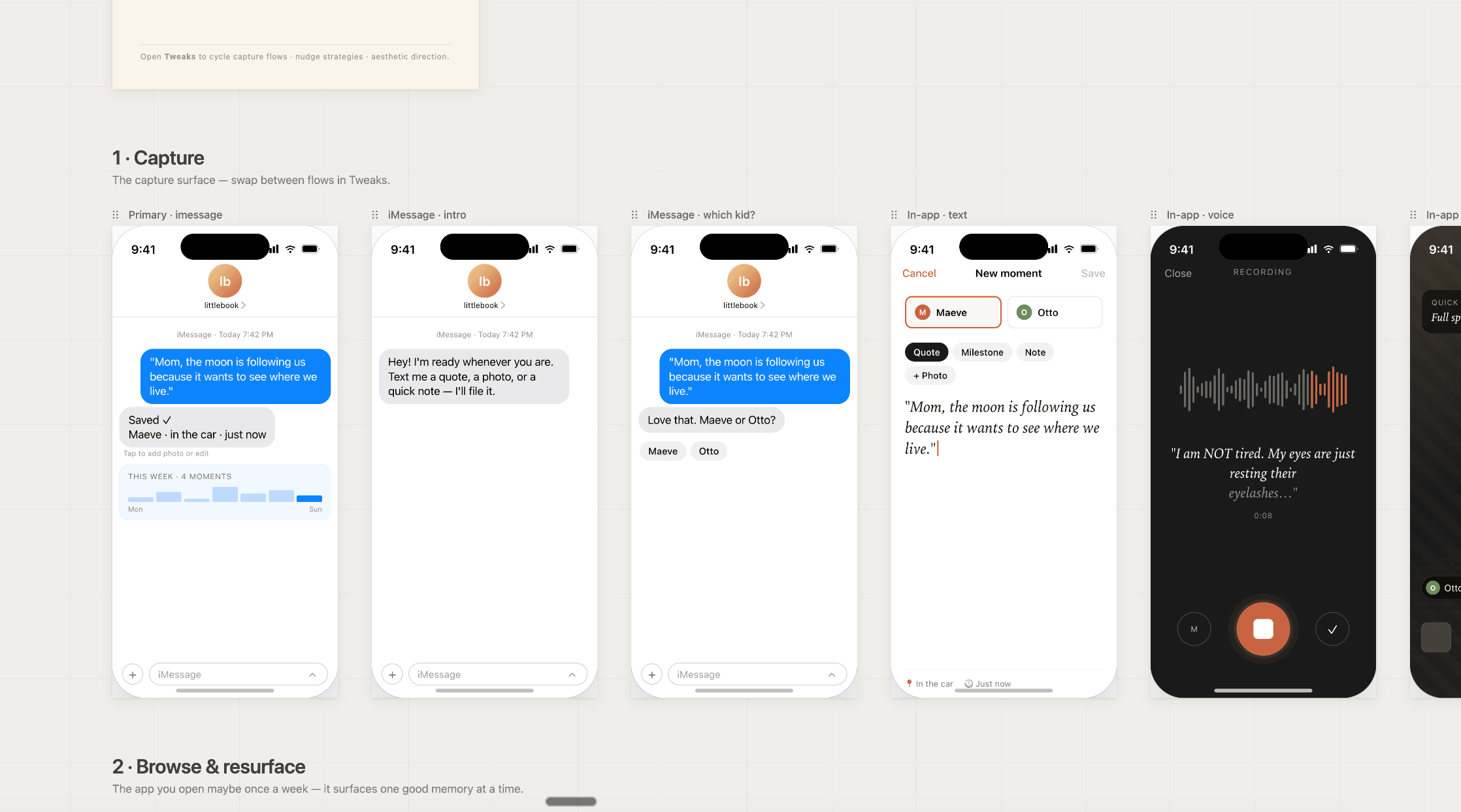 App mockup for capturing kids' quotes designed in Claude Design