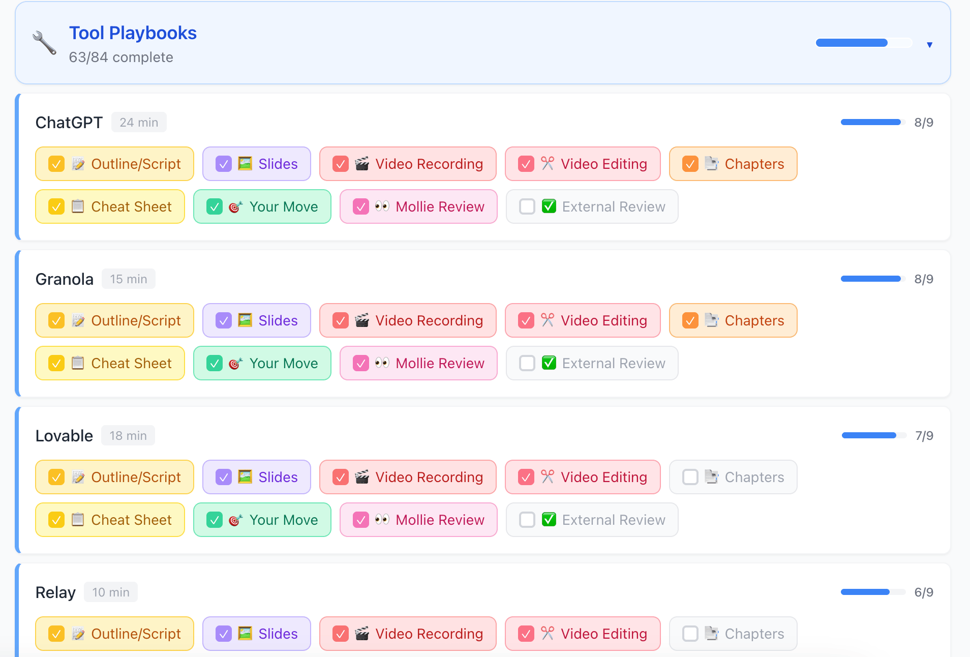 AI Business Playbook progress tracker showing tool playbooks and completion steps