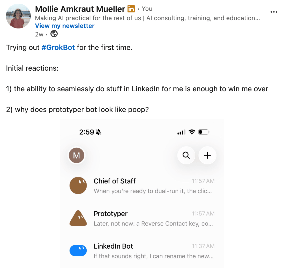 LinkedIn post about trying Grok Bot