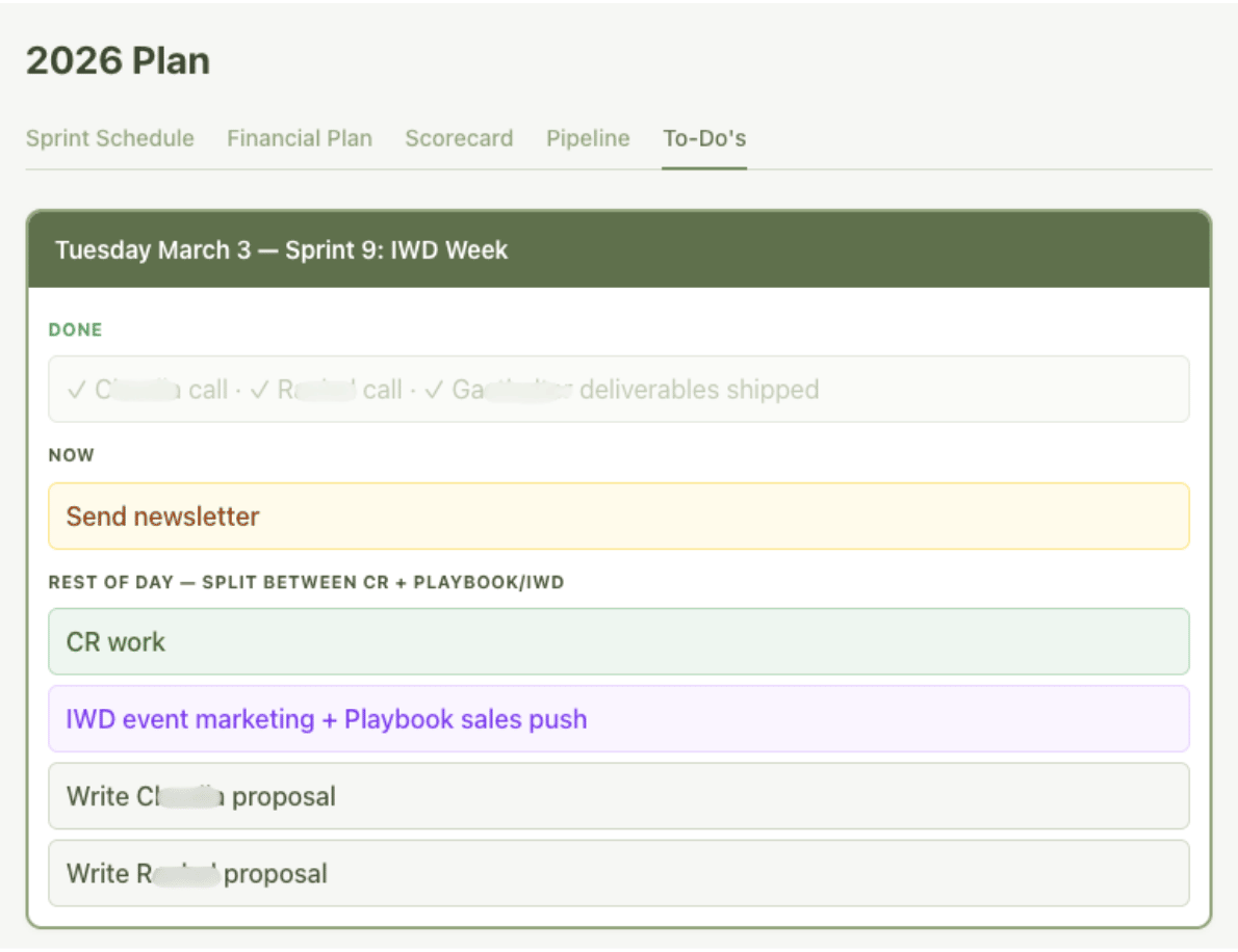 Claude visual dashboard with scorecard and to-do list