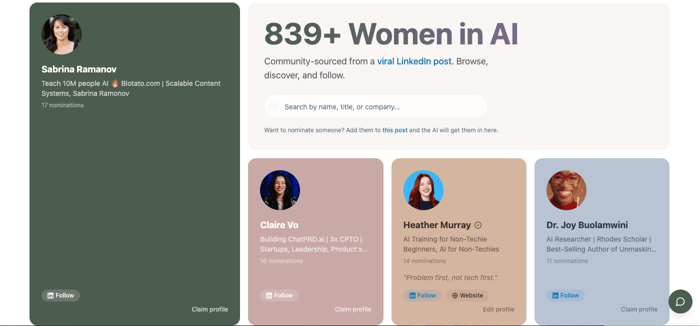 Screenshot of the Women in AI Directory app