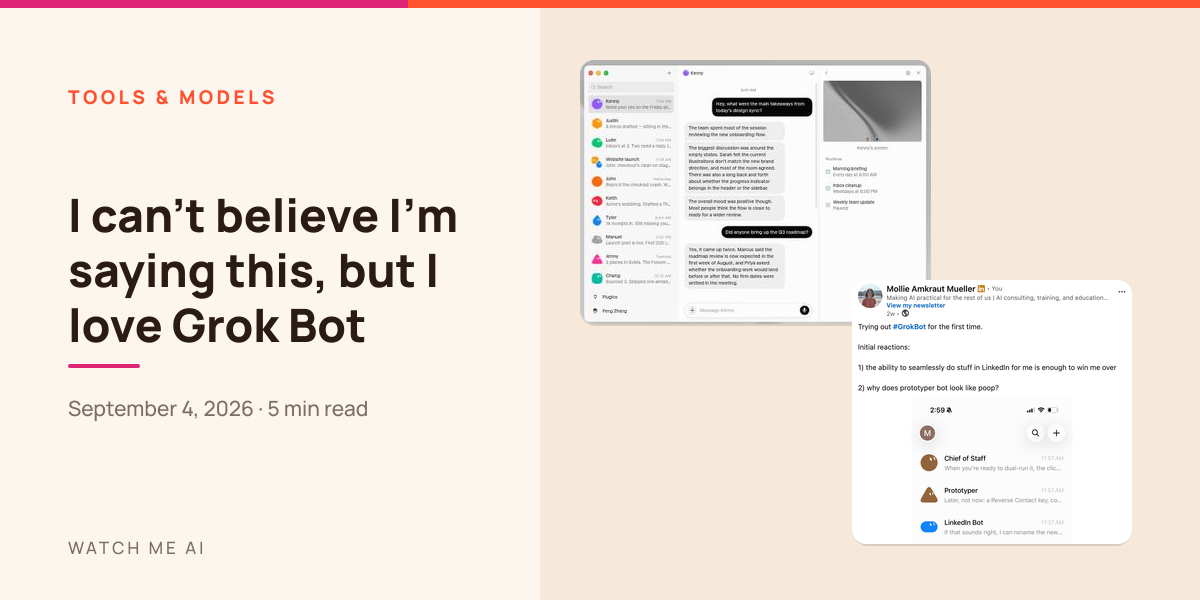 Screenshots of Grok Bot’s interface and a LinkedIn post about trying it