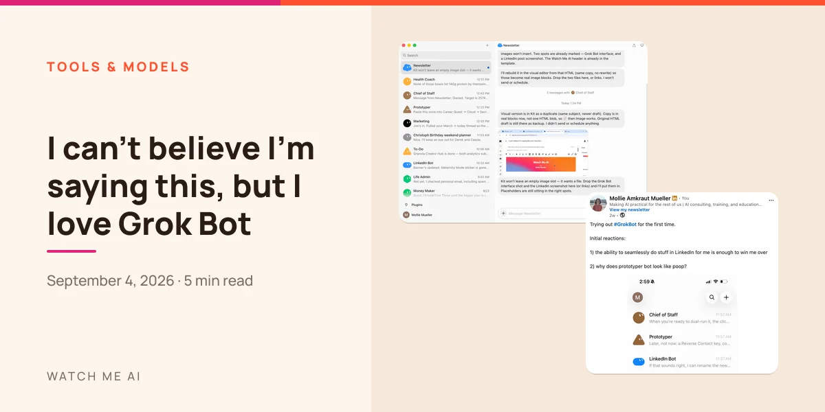 Grok Bot agent roster and a LinkedIn post about trying it