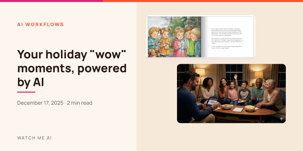 A personalized storybook spread and a family trivia night scene