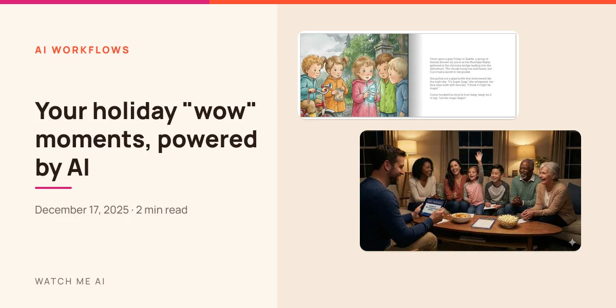 A personalized storybook spread and a family trivia night scene